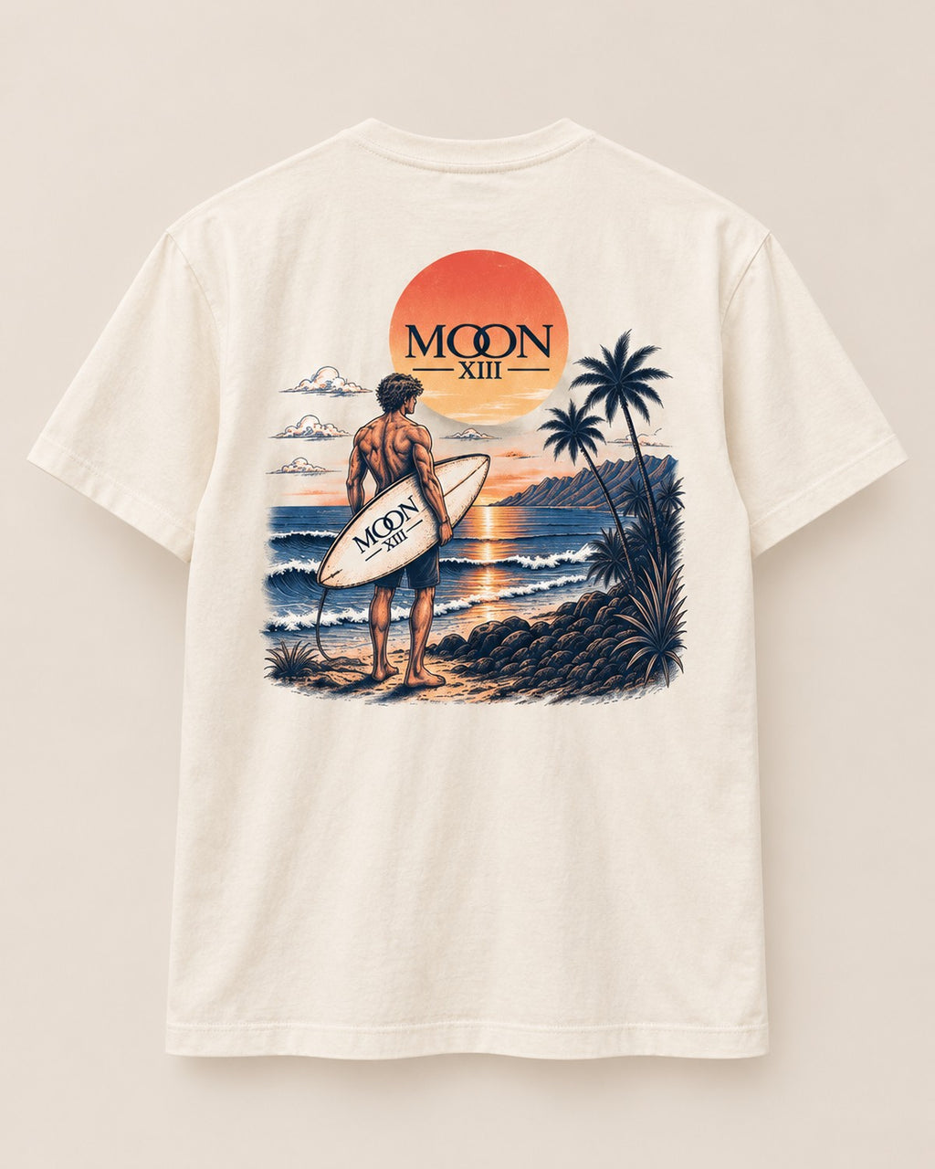 Camiseta Pacific — plano trasero con ilustración de surfista al atardecer