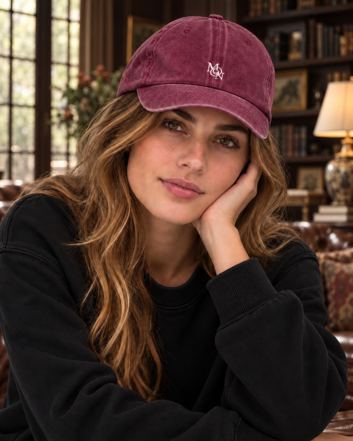 Hamptons Wine Cap — model from the front in a library