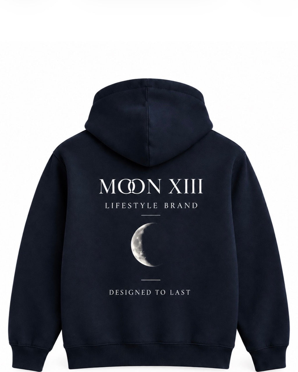 Heritage Navy Junior Hoodie — flat back view with the Moon XIII logo and crescent moon