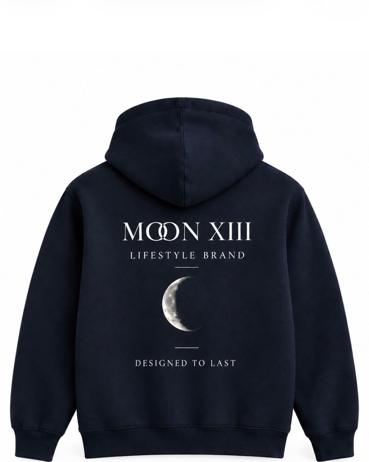 Heritage Navy Junior Hoodie — flat back view with the Moon XIII logo and crescent moon