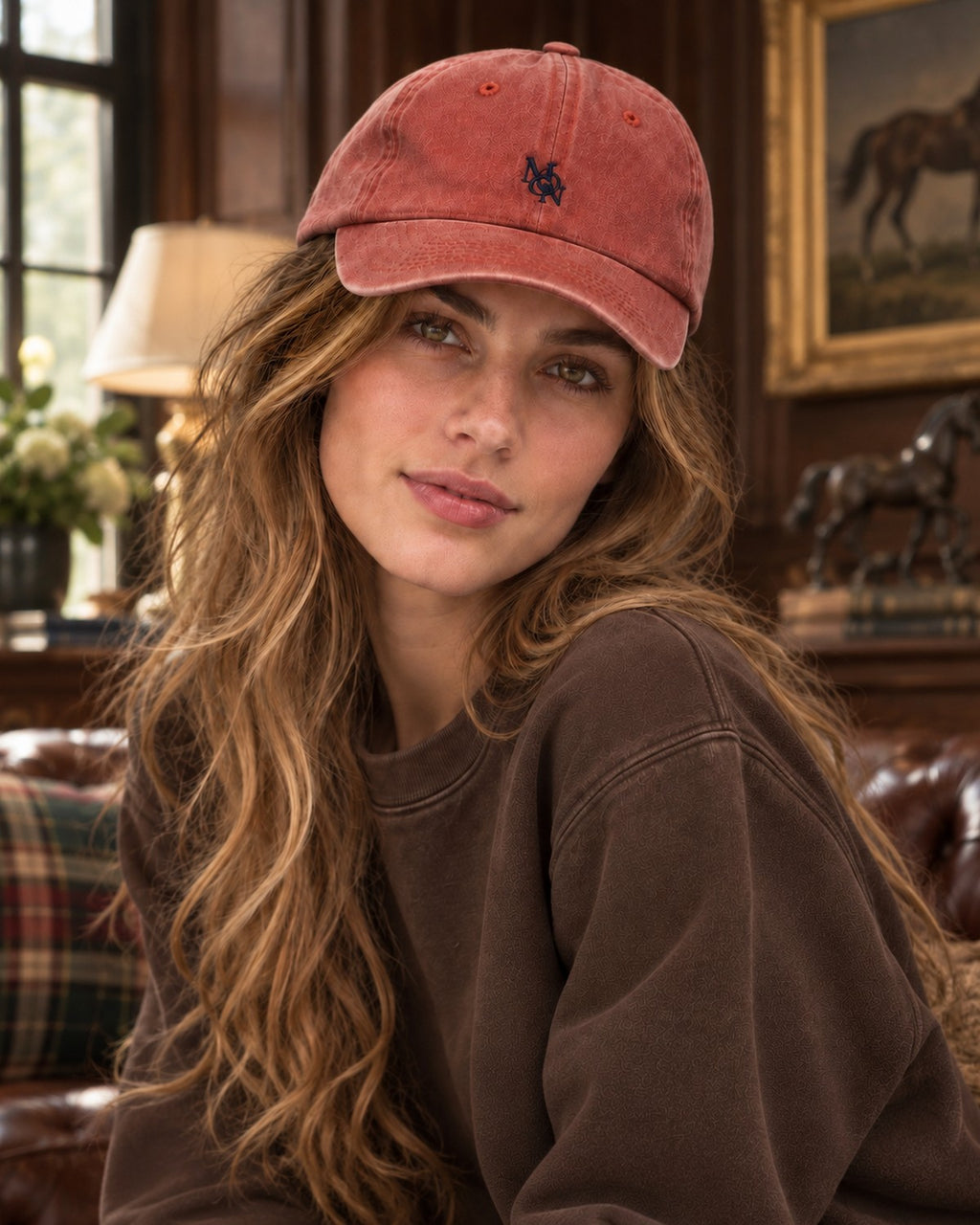 Hamptons Coral Cap — model from the front in a classic study