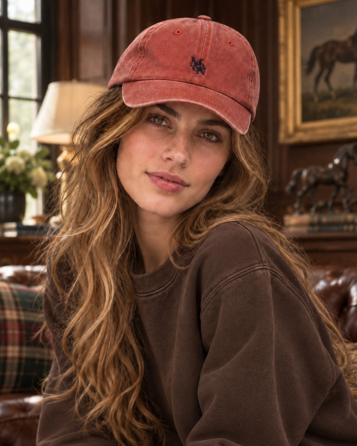 Hamptons Coral Cap — model from the front in a classic study