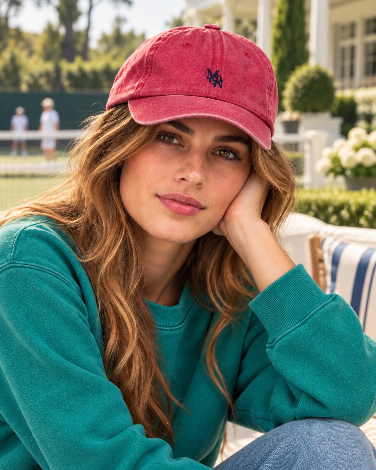 Hamptons Raspberry Cap — model from the front at the tennis club