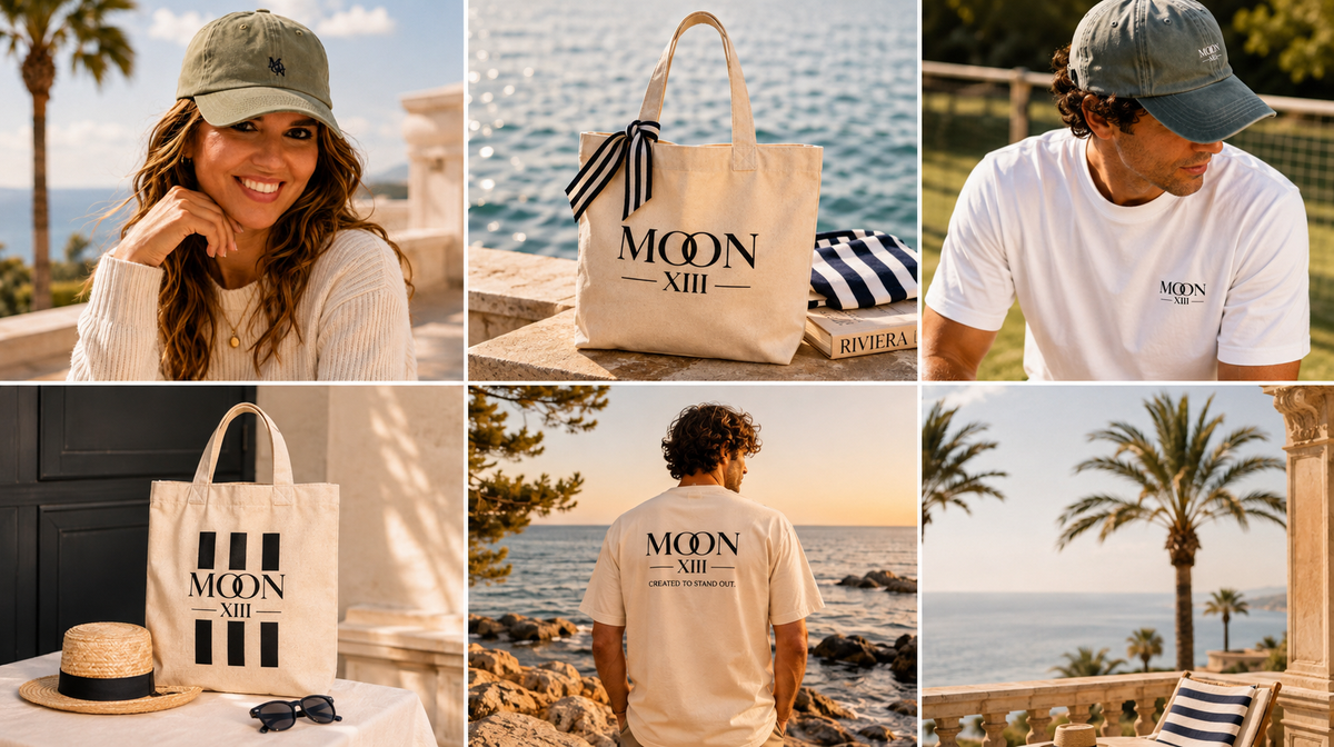 Campaña Moon XIII — collage mediterráneo con gorras, camisetas y totes de la marca